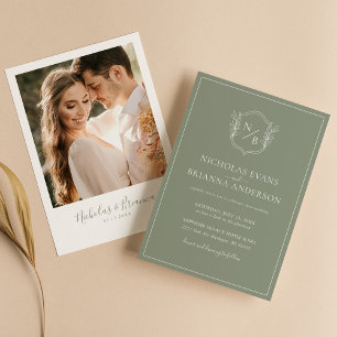 Modern Boho Sage Green Crest Wedding Photo Einladung