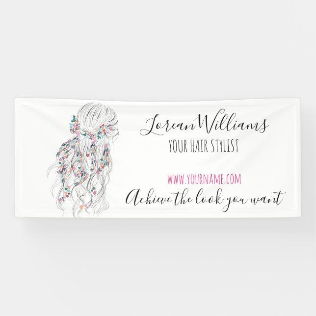 Modern Boho Schwarz-weiße Wavy Hair Style Flora Banner (Horizontal)