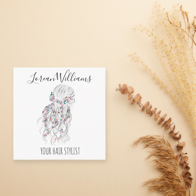 Modern Boho Schwarz-weiße Wavy Hair Style Flora Terminkarte (Von Creator hochgeladen)