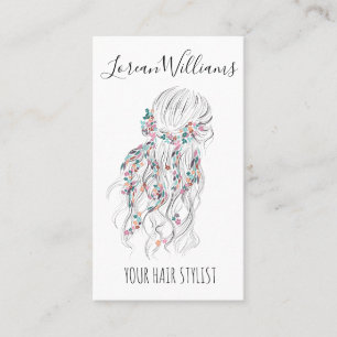 Modern Boho Schwarz-weiße Wavy Hair Style Flora Visitenkarte
