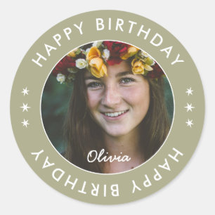 Modern Boho Simple Elegant Happy Birthday Foto Runder Aufkleber
