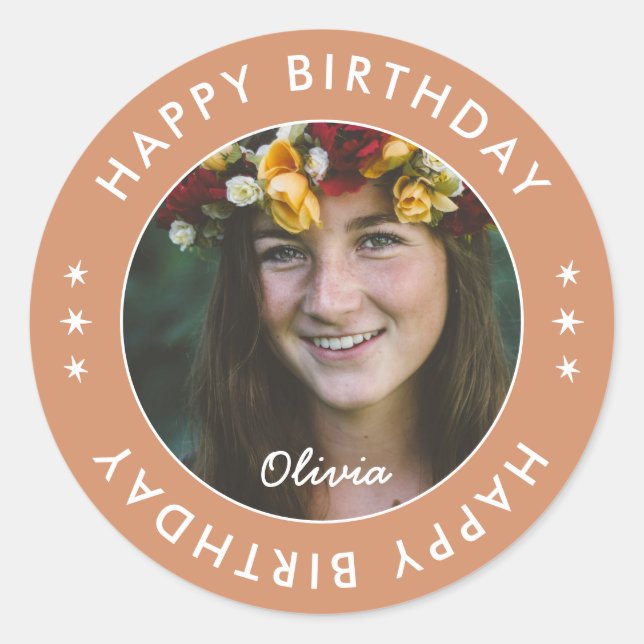 Modern Boho Simple Elegant Happy Birthday Foto Runder Aufkleber (Vorderseite)