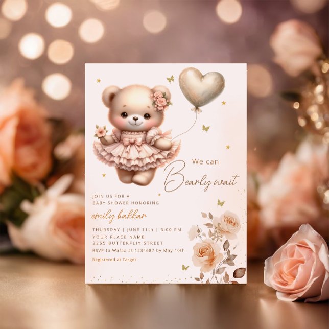 Modern Boho Teddy Bear Balloon Girl Baby Shower Einladung (Von Creator hochgeladen)