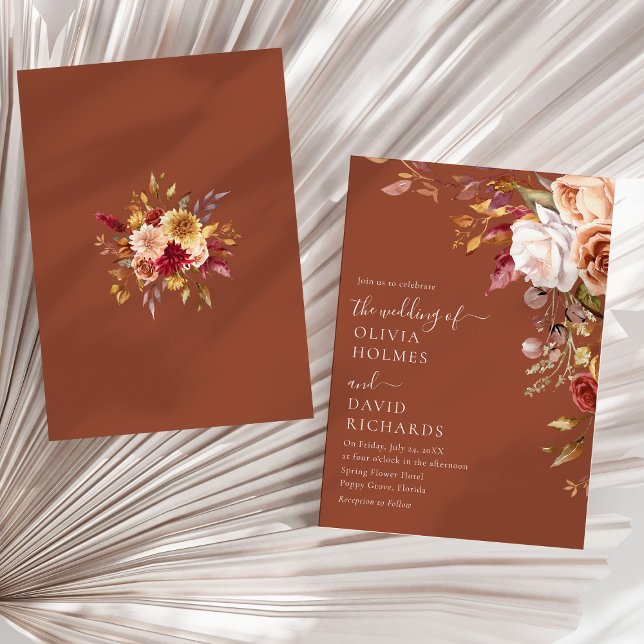 Modern Boho Terracotta Burnt Orange Floral Wedding Einladung (Modern Boho Terracotta Burnt Orange Floral Wedding Invitation on a sunny neutral dry palm leaf.)