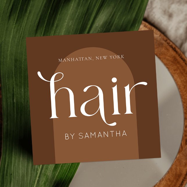Modern Boho Terracotta Einzigartiger Salon Quadratische Visitenkarte (Modern bohemian hair salon business cards with terracotta background and elegant fonts)