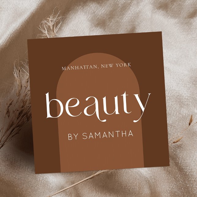 Modern Boho Terracotta Lash Brows Beautician Quadratische Visitenkarte (Bohemian beauty salon & aestheticians business cards featuring terracotta background  & modern font )