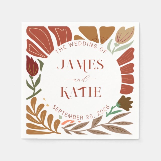 Modern Boho Terracotta Retro Blumenhochzeit Serviette (Vorderseite)