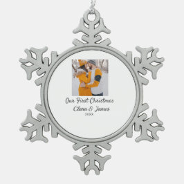 Modern boho unser erstes Weihnachts-Foto Schneeflocken Zinn-Ornament