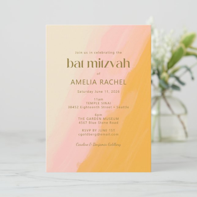 Modern Boho Wasserfarbe Rosa Gelbe Bat Mitzvah Einladung (Stehend Vorderseite)