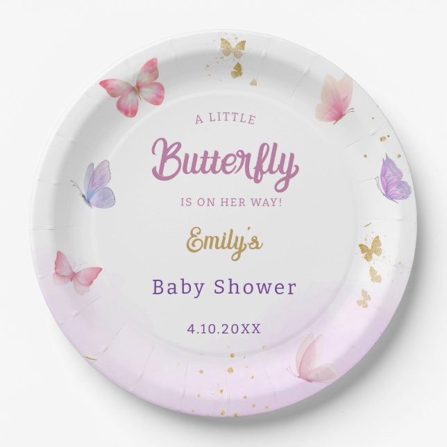 Modern Boho Watercolor Butterfly Girl Babydusche Pappteller (Vorderseite)