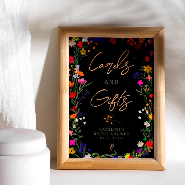 Modern-bohu-leuchtend wilde Blume Bridge-Zeichen Poster (Modern boho bright wild flowers bridal sign on black)