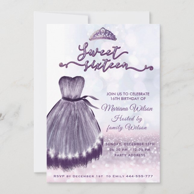 Modern bokeh purple dress tiara sweet 16 einladung (Vorderseite)