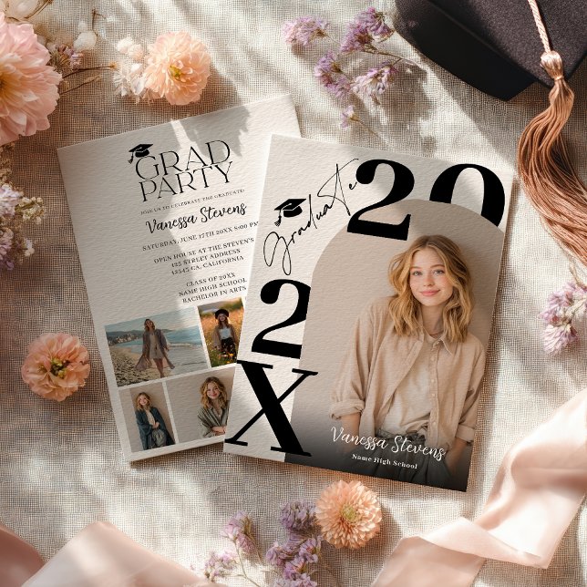 Modern Bold Black white Trendy 6 photos graduation Einladung (Modern Bold Black white Trendy 6 photos graduation Invitation)