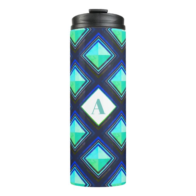 Modern Bold Blue Green Geometric Diamonds & Name Thermosbecher (Vorderseite)