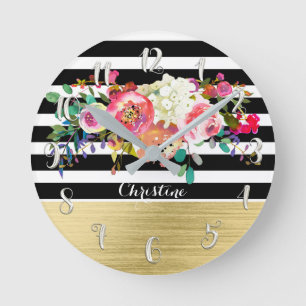 Modern Bold Bright Floral Watercolor & Stripes Runde Wanduhr