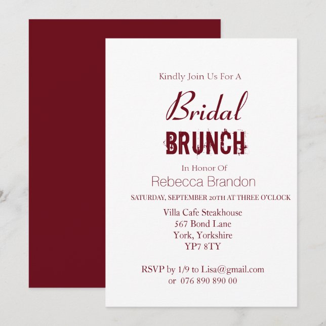 Modern Bold Burgundy Bridal Brunch Einladung (Vorne/Hinten)