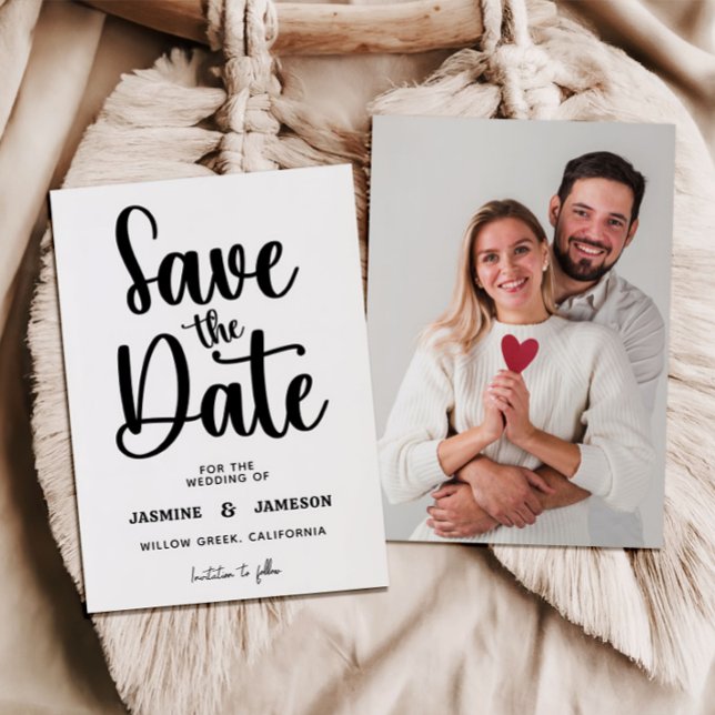 Modern Bold Casual Red Script Photo Wedding Retro Save The Date (Von Creator hochgeladen)