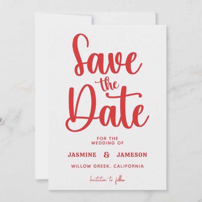Modern Bold Casual Red Script Photo Wedding Retro Save The Date (Vorderseite)
