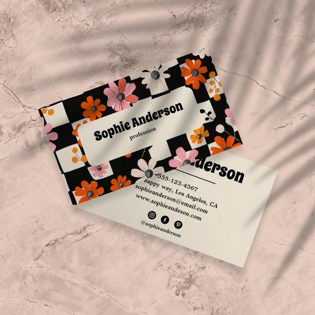 Modern Bold Floral Checkered Business Card Visitenkarte (Von Creator hochgeladen)