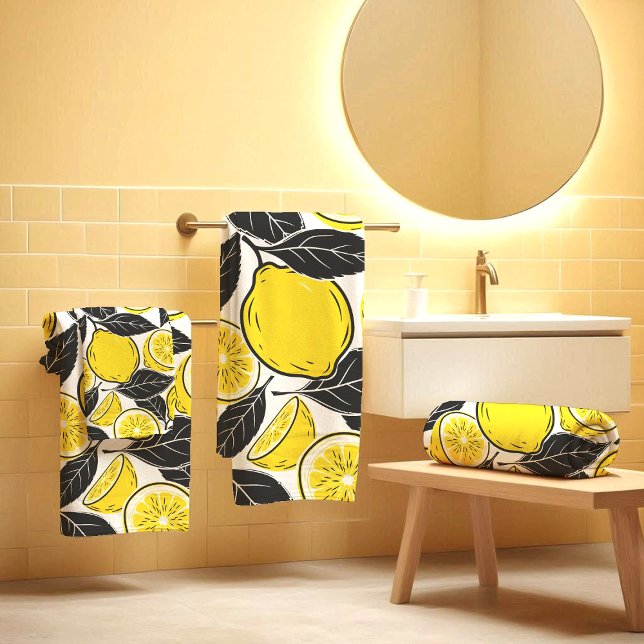 Modern Bold Lemon & Black Leaves  Seamless Pattern Badhandtuch Set (Von Creator hochgeladen)