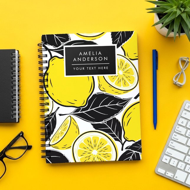 Modern Bold Lemon & Black Leaves  Seamless Pattern Notizblock (Von Creator hochgeladen)