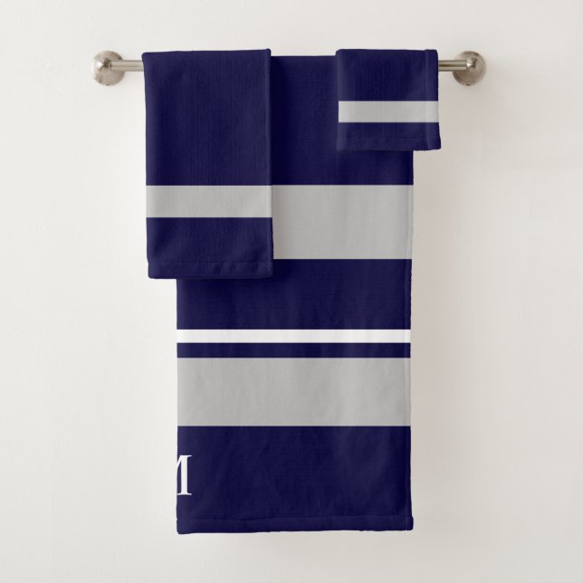 Modern Bold Navy Blue Strip Monogramm Badhandtuch Set (Insitu)