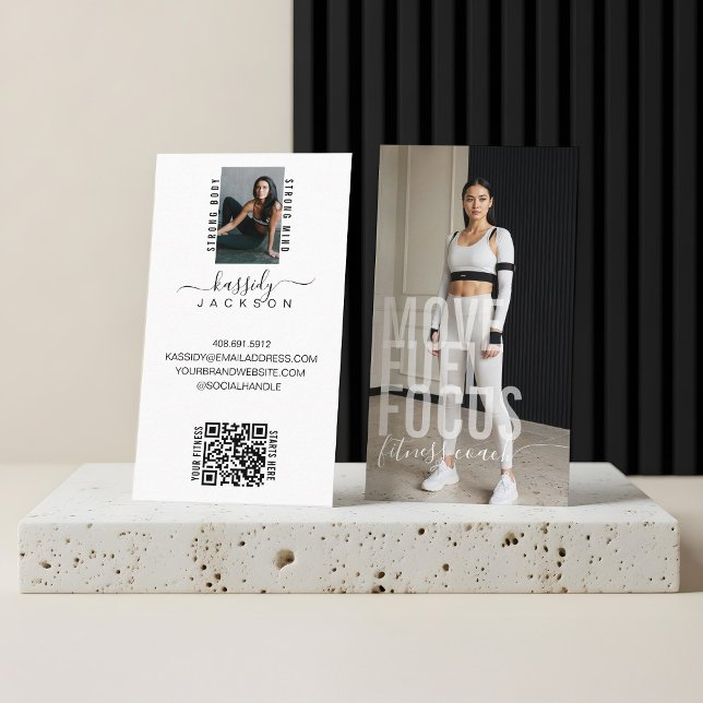 Modern Bold Script Calligraphy Fitness Foto QR Visitenkarte (Modern Bold Script Calligraphy Fitness Photo QR Business Card)