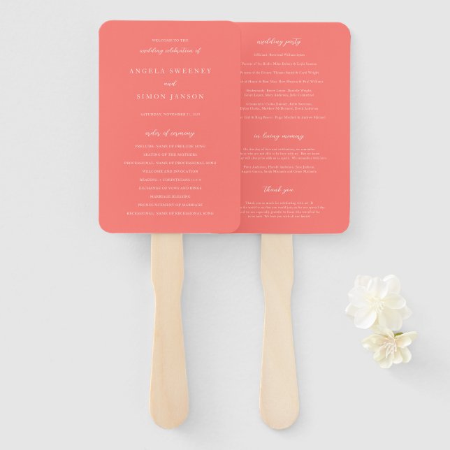 Modern Bold Vibrant Coral Simple Wedding Program Fächer (Vorne und Hinten)