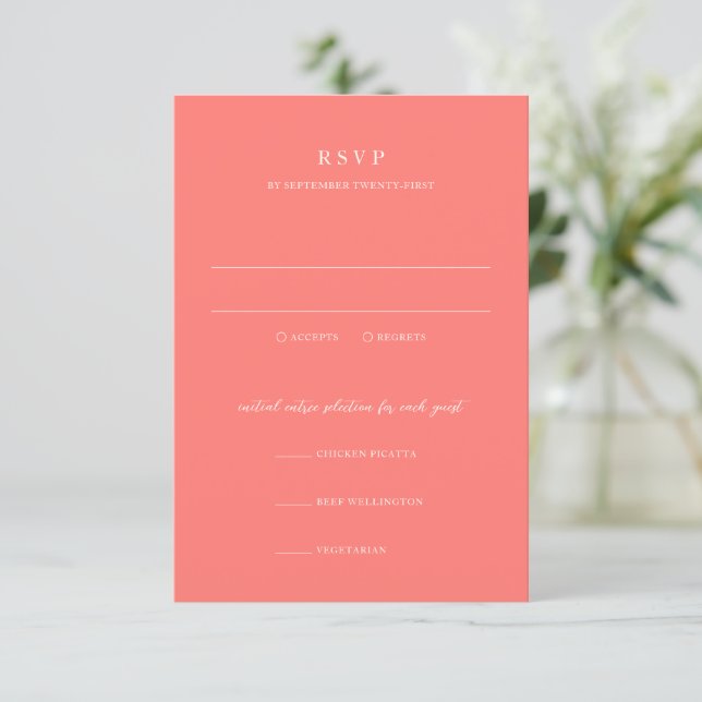 Modern Bold Vibrant Coral Simple Wedding RSVP Karte (Stehend Vorderseite)