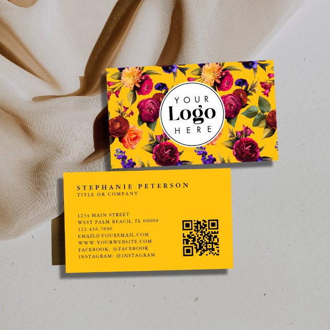 Modern Bold Yellow Floral Custom Logo QR Code Visitenkarte (Von Creator hochgeladen)