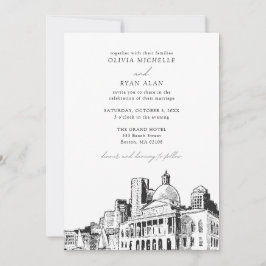 Modern Boston Wedding Skyline Sketch Black & White Einladung