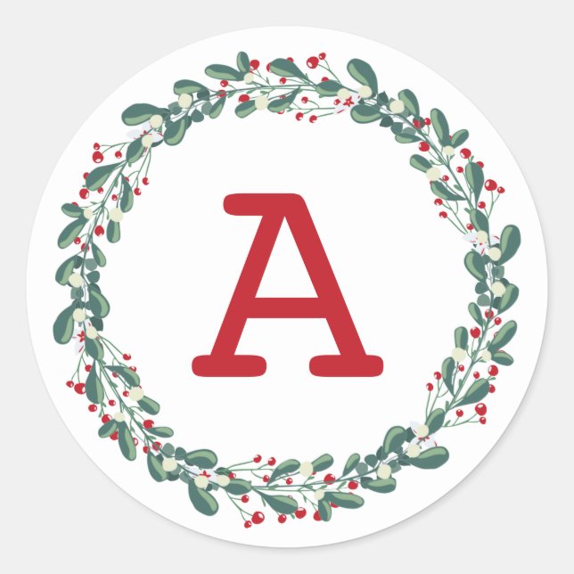 Modern Botanic Red Berry Christmas Monogram Runder Aufkleber (Vorderseite)