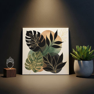 Modern Botanical Abstract Art Black and Gold Leave Fliese