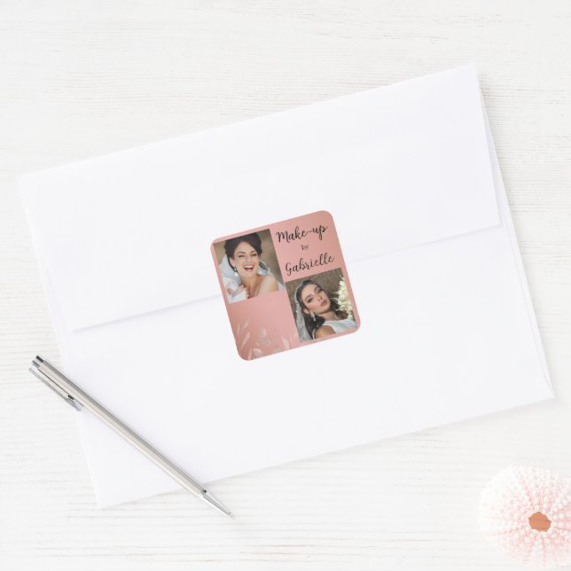 Modern Botanical Dusty Rose Boho Photo Script  Quadratischer Aufkleber (Umschlag)