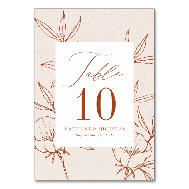 Modern Botanical Floral Cream & Cinnamon Wedding Tischnummer (Vorderseite)