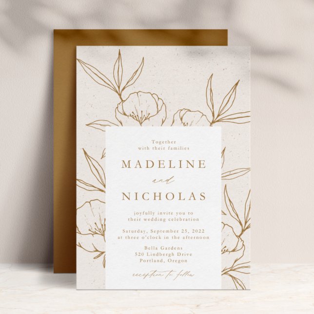 Modern Botanical Floral Cream & Gold Wedding Einladung (Von Creator hochgeladen)