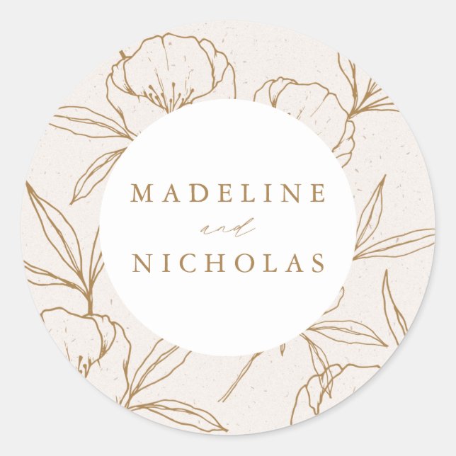 Modern Botanical Floral Cream & Gold Wedding Runder Aufkleber (Vorderseite)