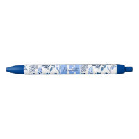 Modern Botanical Folk Art Blue Flowers Monogram