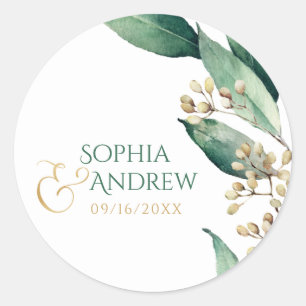 Modern botanical greenery rustic wedding monogram runder aufkleber