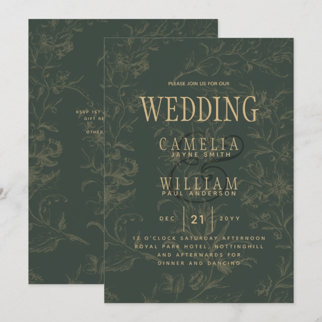 Modern BOTANICAL OLIVE Green Gold Wedding Einladung (Vorne/Hinten)