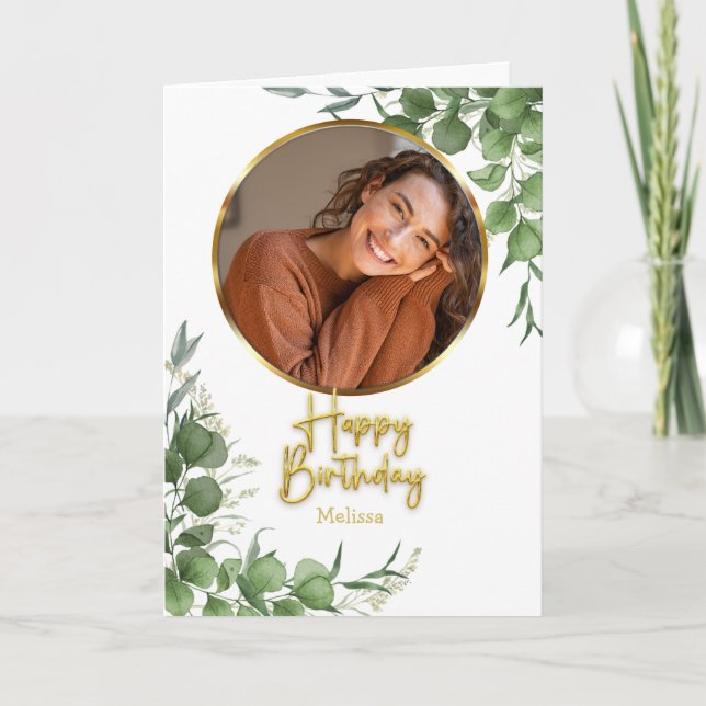 Modern Botanical Script Circle Photo Birthday Karte (Vorderseite)