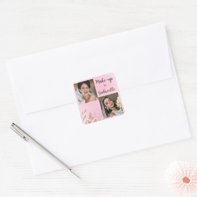 Modern Botanical Soft Pink Boho Photo Script  Quadratischer Aufkleber (Umschlag)