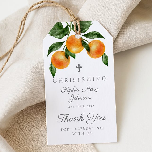 Modern Botanische Orangen Girl Christening Geschenkanhänger (Modern Botanical Oranges Girl Christening Gift Tags)