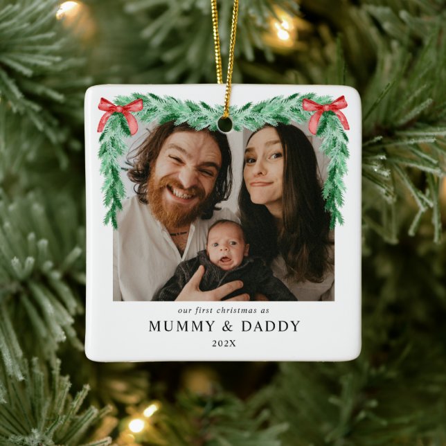 Modern Bow Erste Weihnachten als Mummy & Daddy Fot Keramikornament (Baum)
