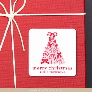 Modern Bow Pink Red Christmas Tree Quadratischer Aufkleber
