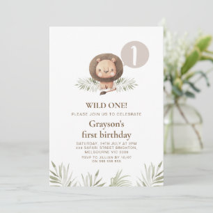 Modern Boys Wild One Lion Foliage 1. Geburtstag Einladung