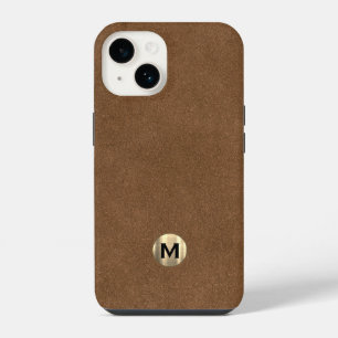 Modern braunes Leder gebürstetes Gold Monogramm iPhone 14 Hülle