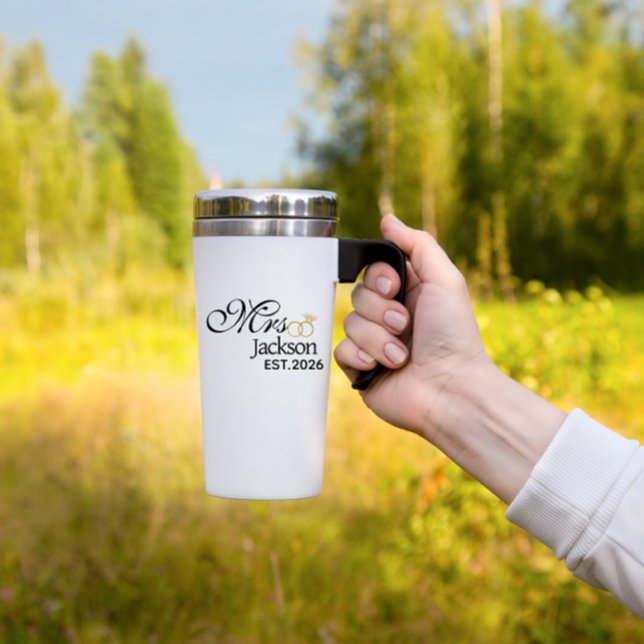 Modern Bride Name Wedding Ring Date Black Text Reisebecher (Wedding bride name travel mug)