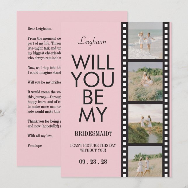 Modern Bridesmaid Photo Proposal Pink Reel Einladung (Vorne/Hinten)