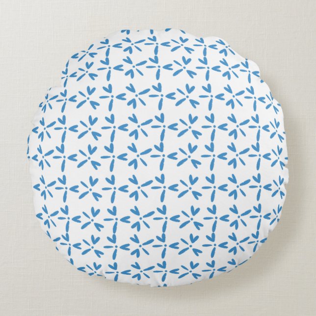 Modern Bright Blue Floral Pattern Round Pillow Rundes Kissen (Vorderseite)